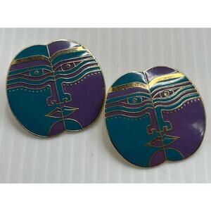 Laurel Burch Moon God Enamel Teal & purple Gold Tone Earrings Read